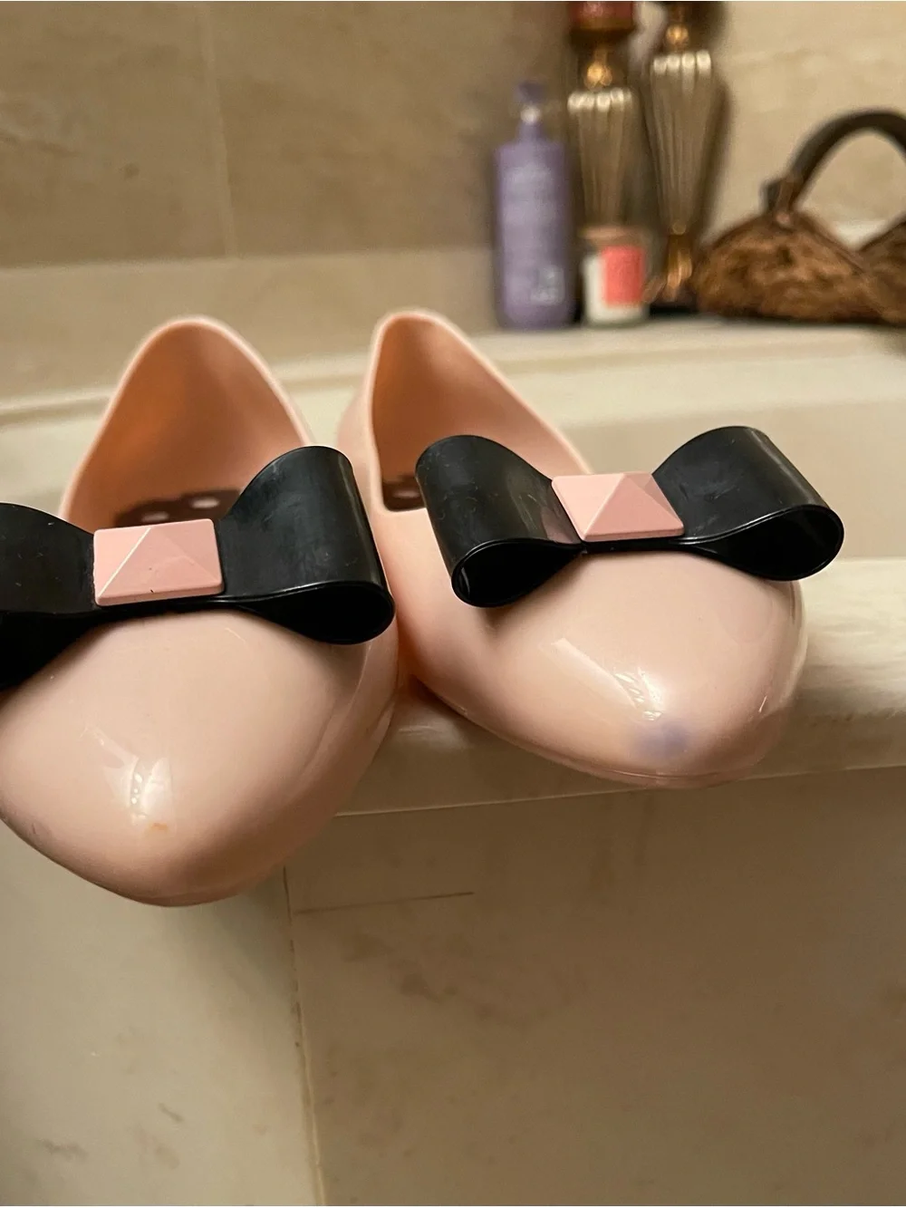 kate spade Jelly Ballerina Blush Pink Pointed Toe Flats with Black Bow